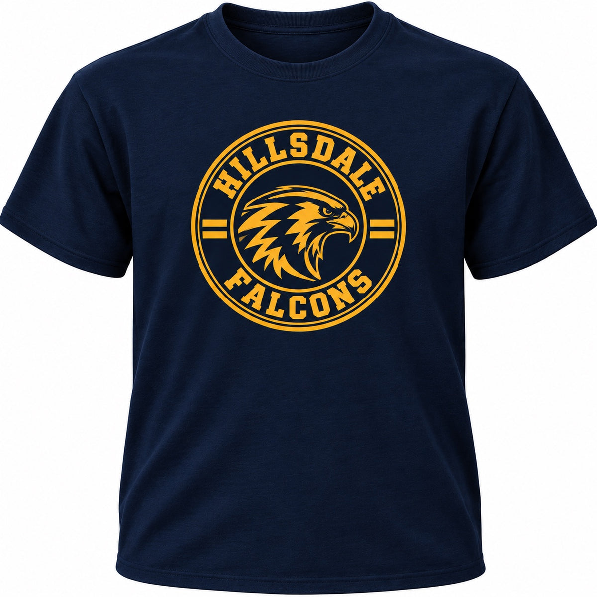 Hillsdale Falcons circle logo in gold on a navy T-shirt