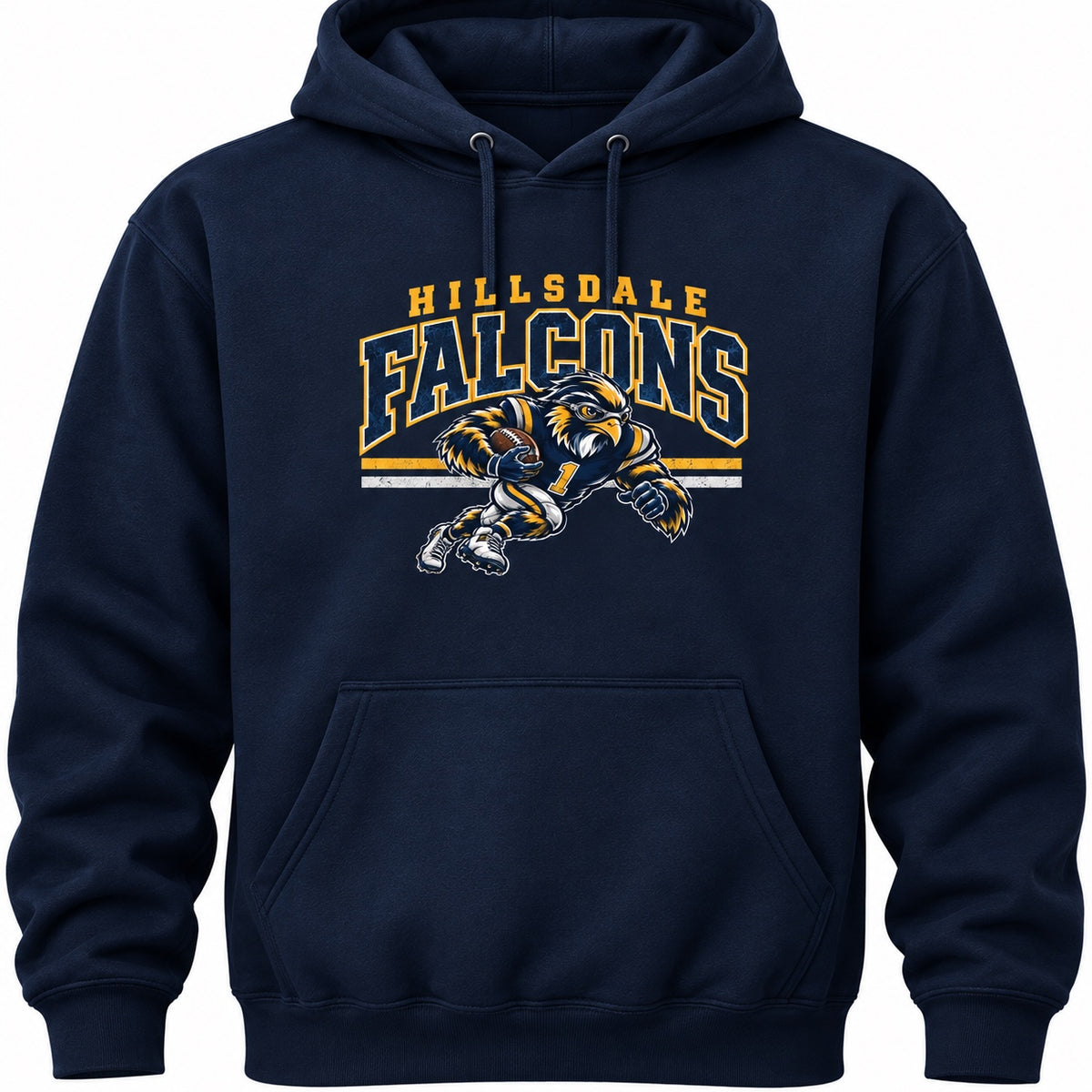 Hillsdale Falcons football mascot design on a navy hoodie