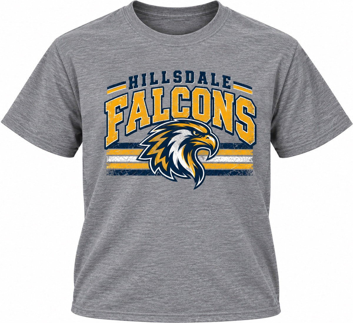 Hillsdale Falcons retro stripe design on a heather gray T-shirt
