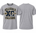 Hillsdale Falcons XC cross country design on a heather gray T-shirt, front and plain back