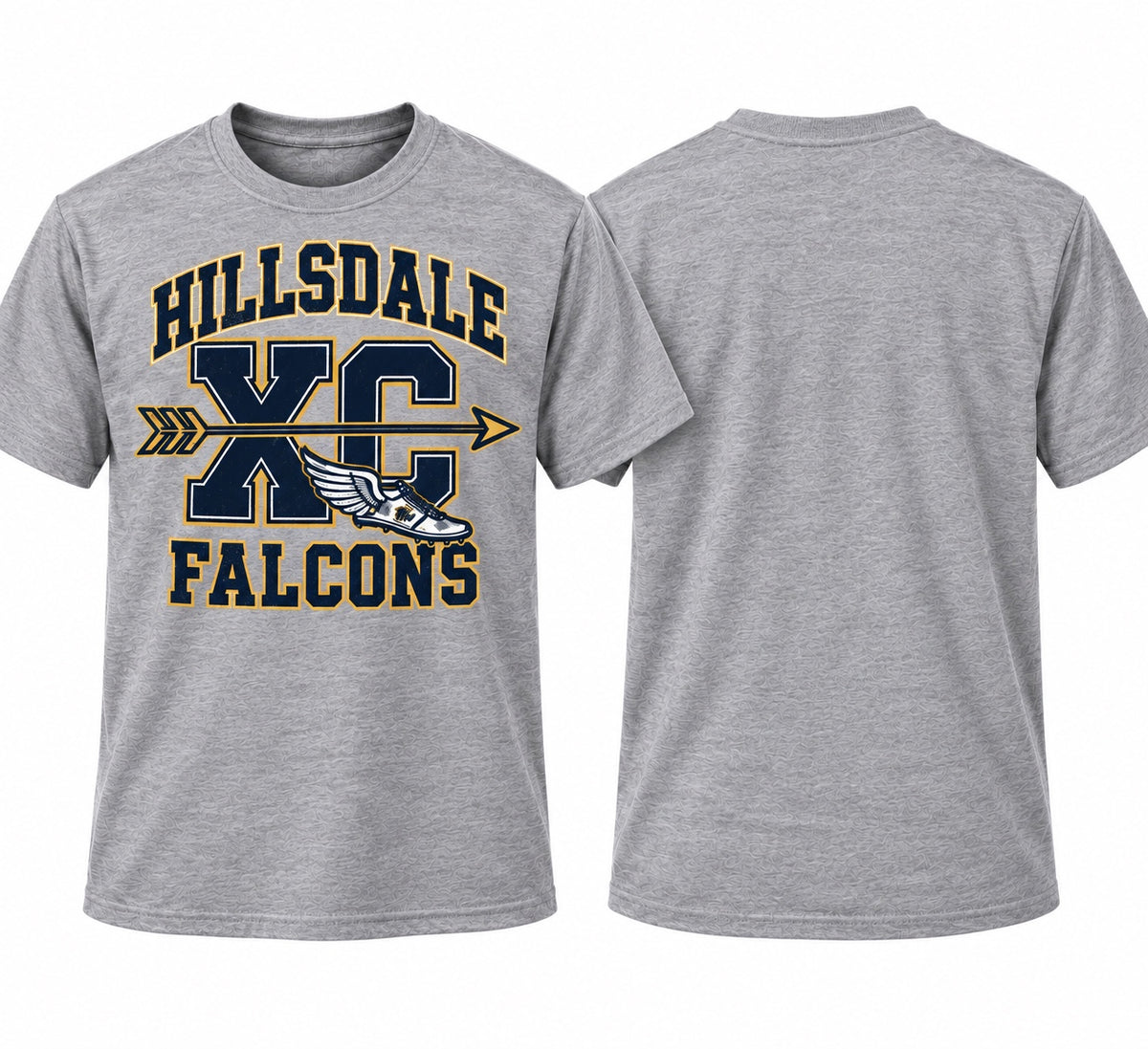Hillsdale Falcons XC cross country design on a heather gray T-shirt, front and plain back