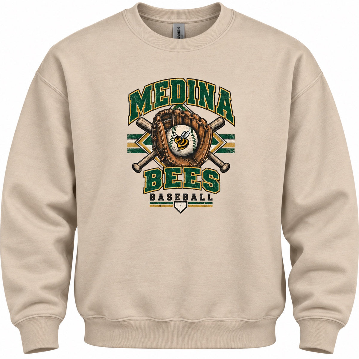 Medina Bees baseball design on a sand crewneck sweatshirt