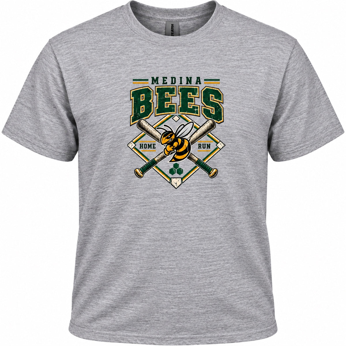 Medina Bees baseball Home Run design on a heather gray T-shirt