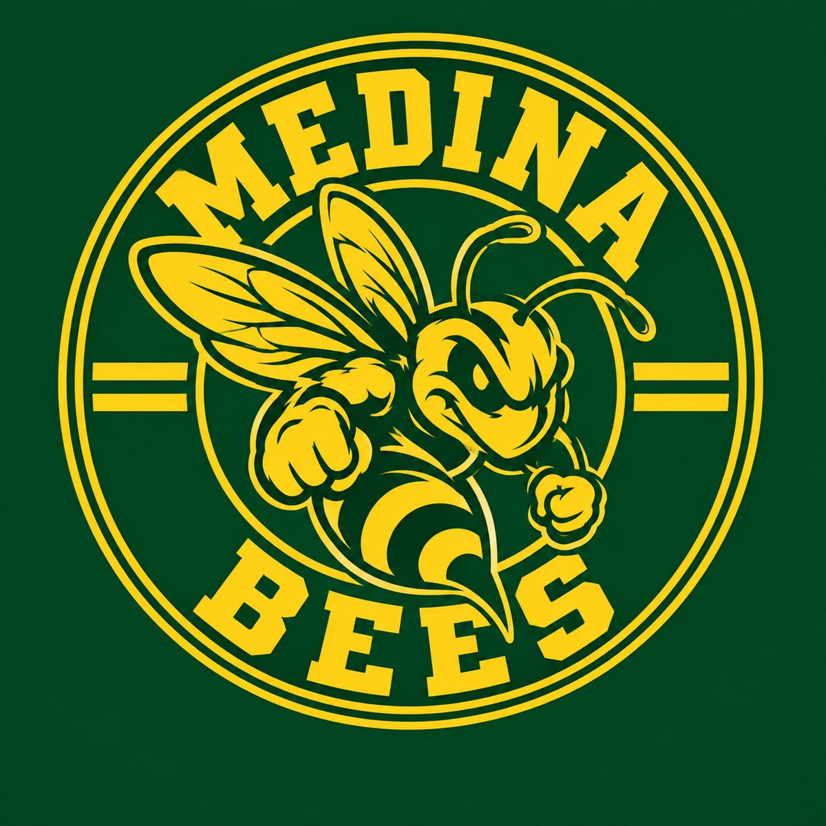 Medina Bees Circle Logo artwork in yellow on a dark green background