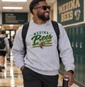 Medina Bees Distressed Script full-front green and gold design on a Heather Gray crewneck sweatshirt