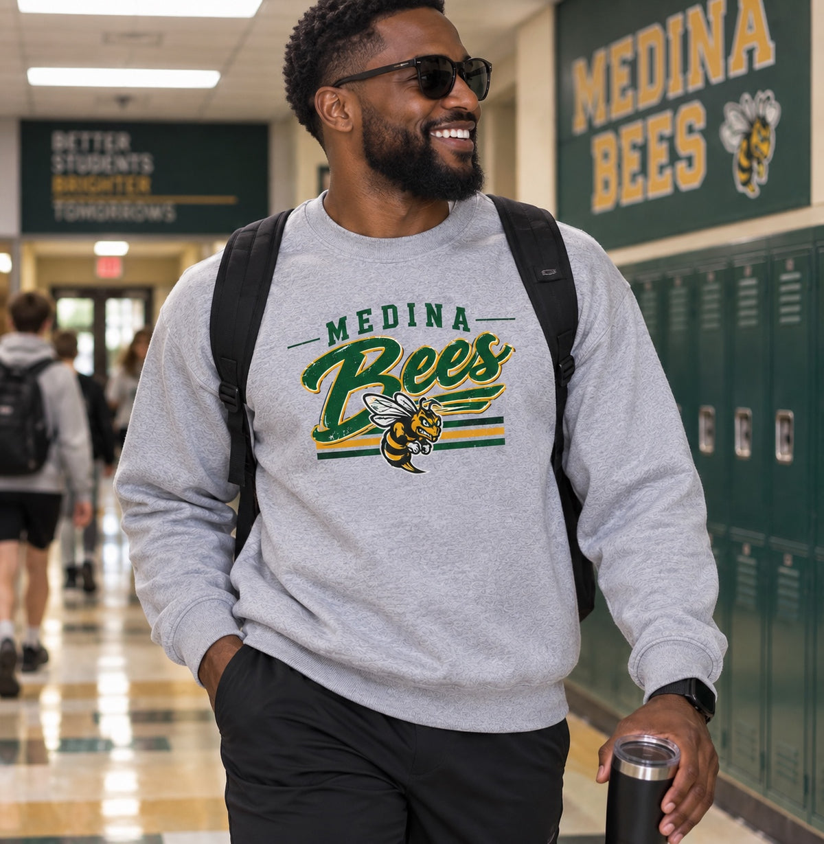 Medina Bees Distressed Script full-front green and gold design on a Heather Gray crewneck sweatshirt