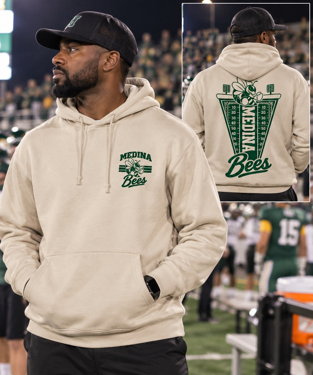 Medina Bees Football Flag front and back design on a Sand hoodie