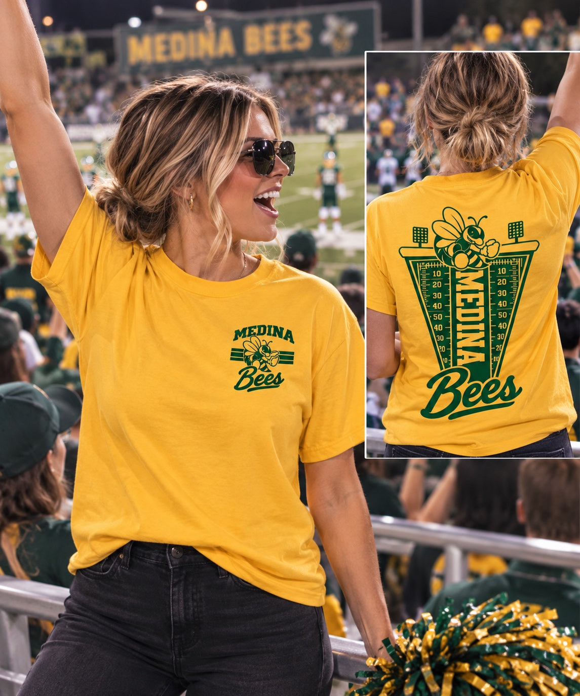 Medina Bees Football Flag front and back design on a Yellow T-shirt