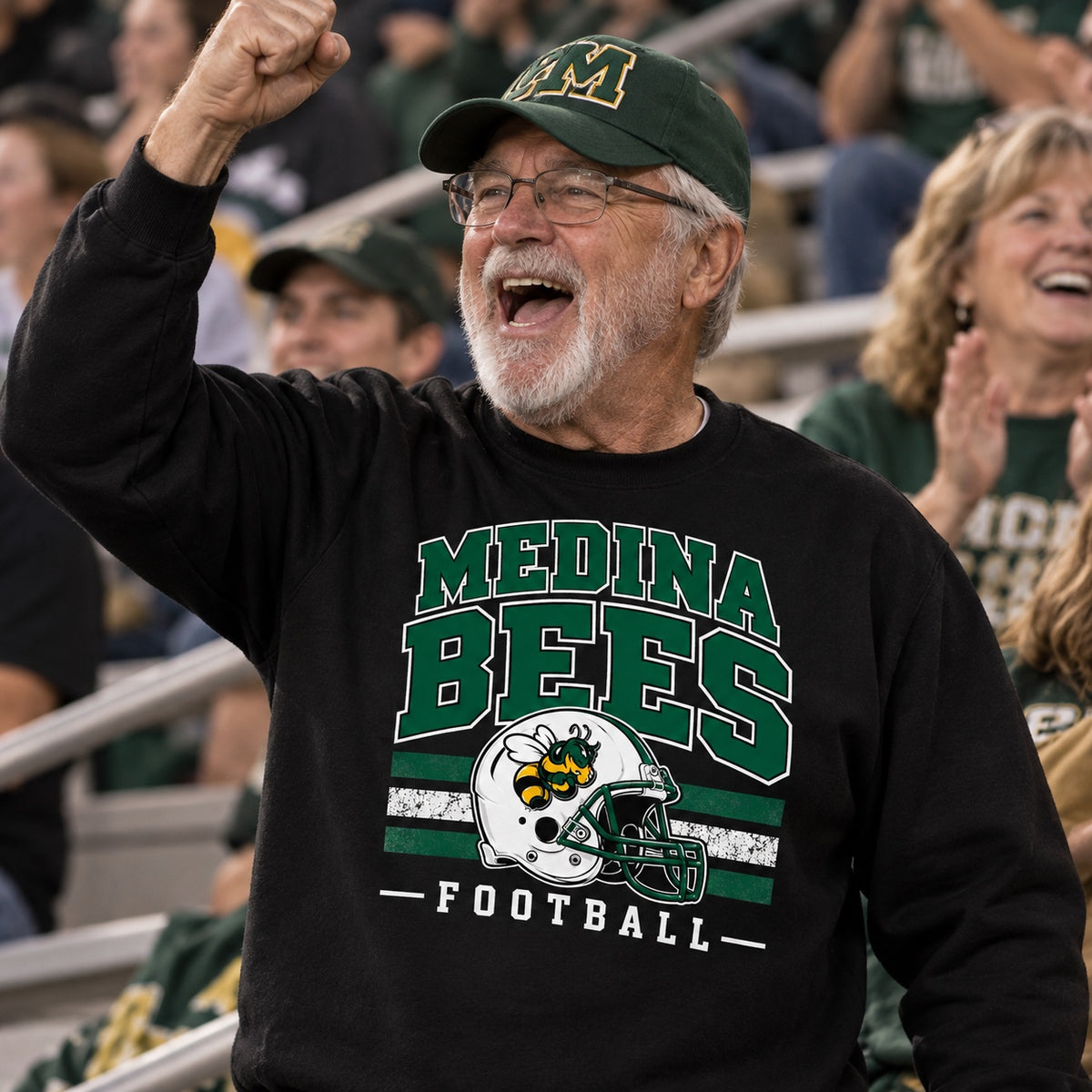 Medina Bees Football Helmet full-front design on a Black crewneck sweatshirt