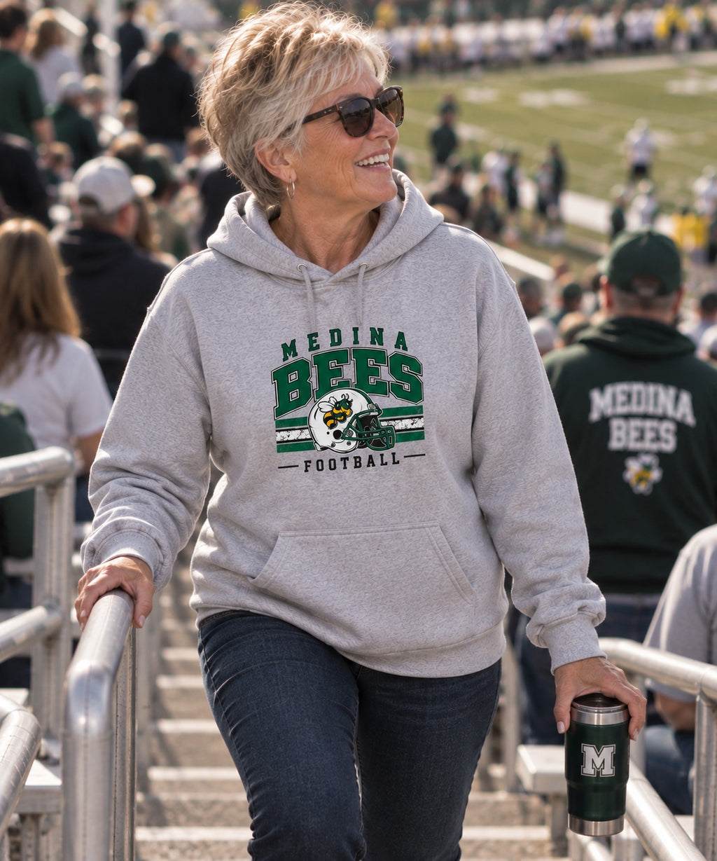 Medina Bees Football Helmet full-front design on a Heather Gray hoodie