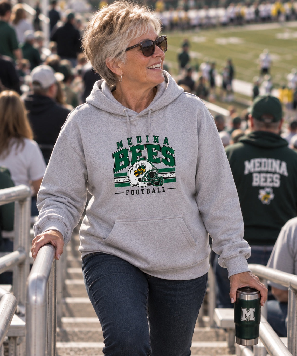 Medina Bees Football Helmet full-front design on a Heather Gray hoodie