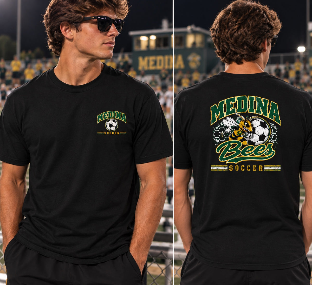 Medina Bees Soccer front chest and full back designs on a Black T-shirt