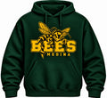 Medina Bees Swarming Mascot design on a Dark Green pullover hoodie