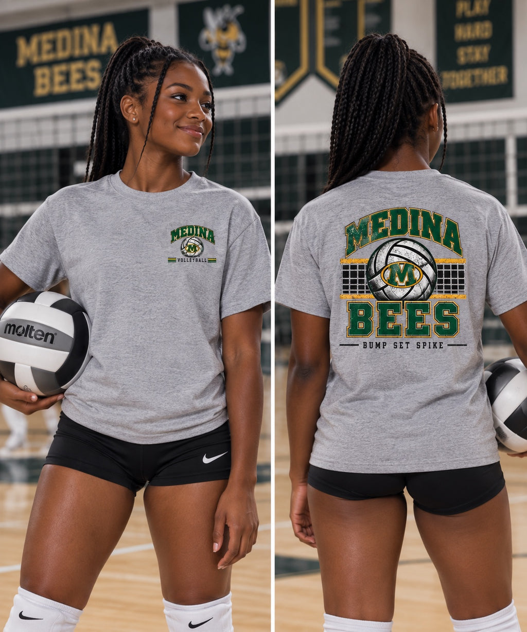 Medina Bees Volleyball Bump Set Spike front and back design on a Heather Gray T-shirt