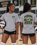 Medina Bees Volleyball Bump Set Spike front and back design on a Heather Gray T-shirt