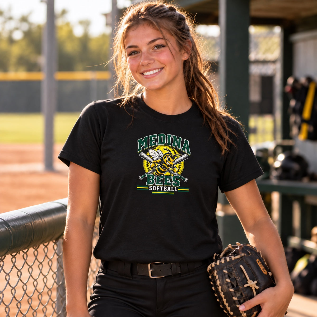 Medina Bees softball design on a black T-shirt