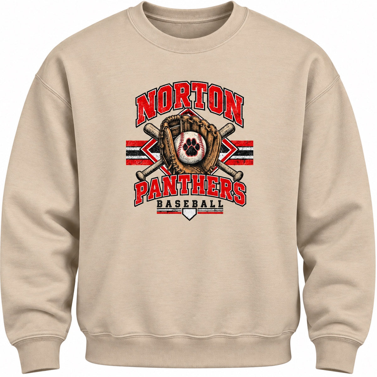 Norton Panthers baseball design on a sand crewneck sweatshirt
