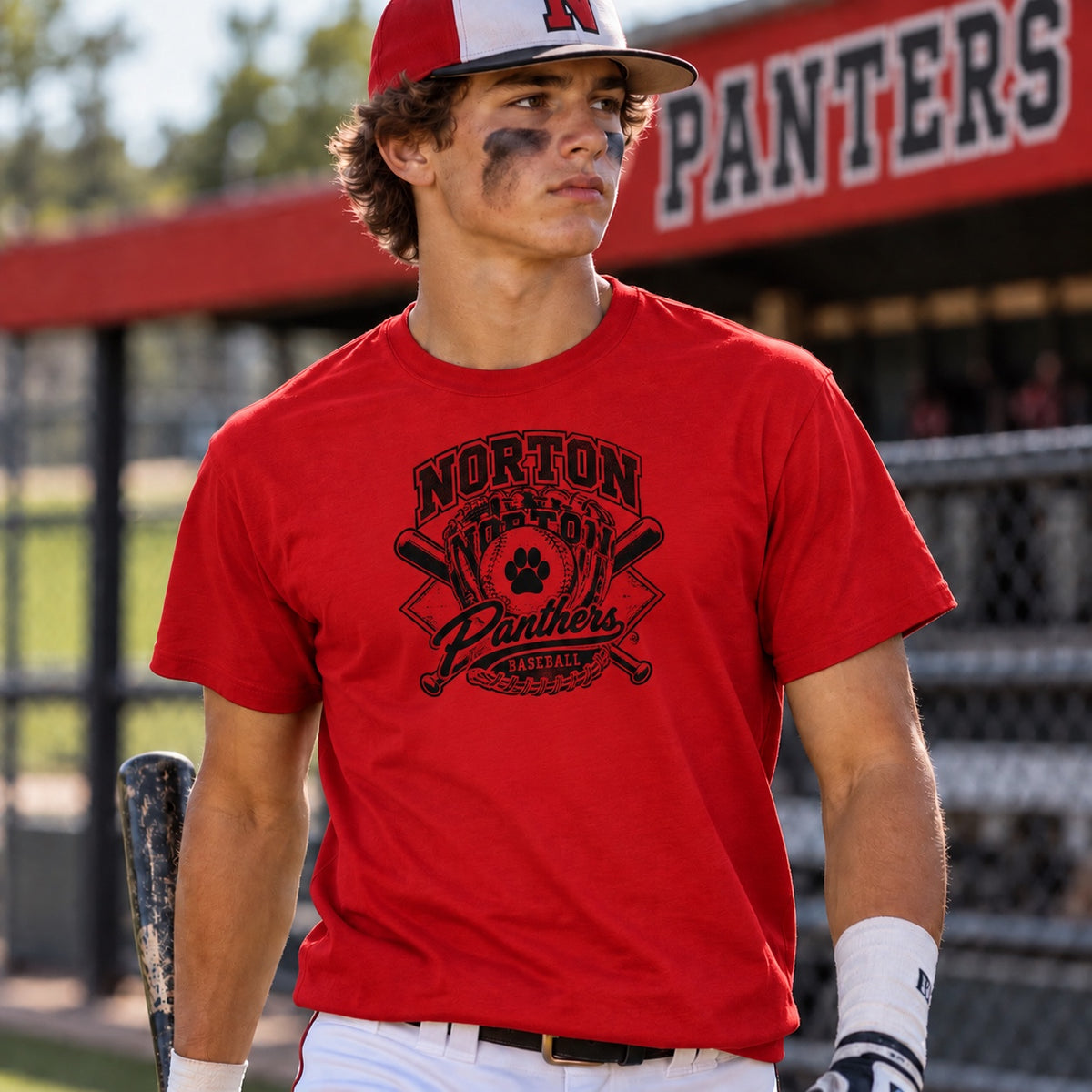 Norton Panthers baseball mitt design on a red T-shirt