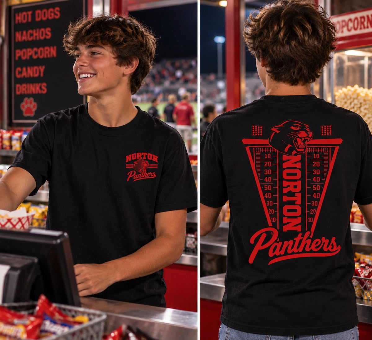 Norton Panthers Football Flag on a black T-shirt, front chest logo and full back design