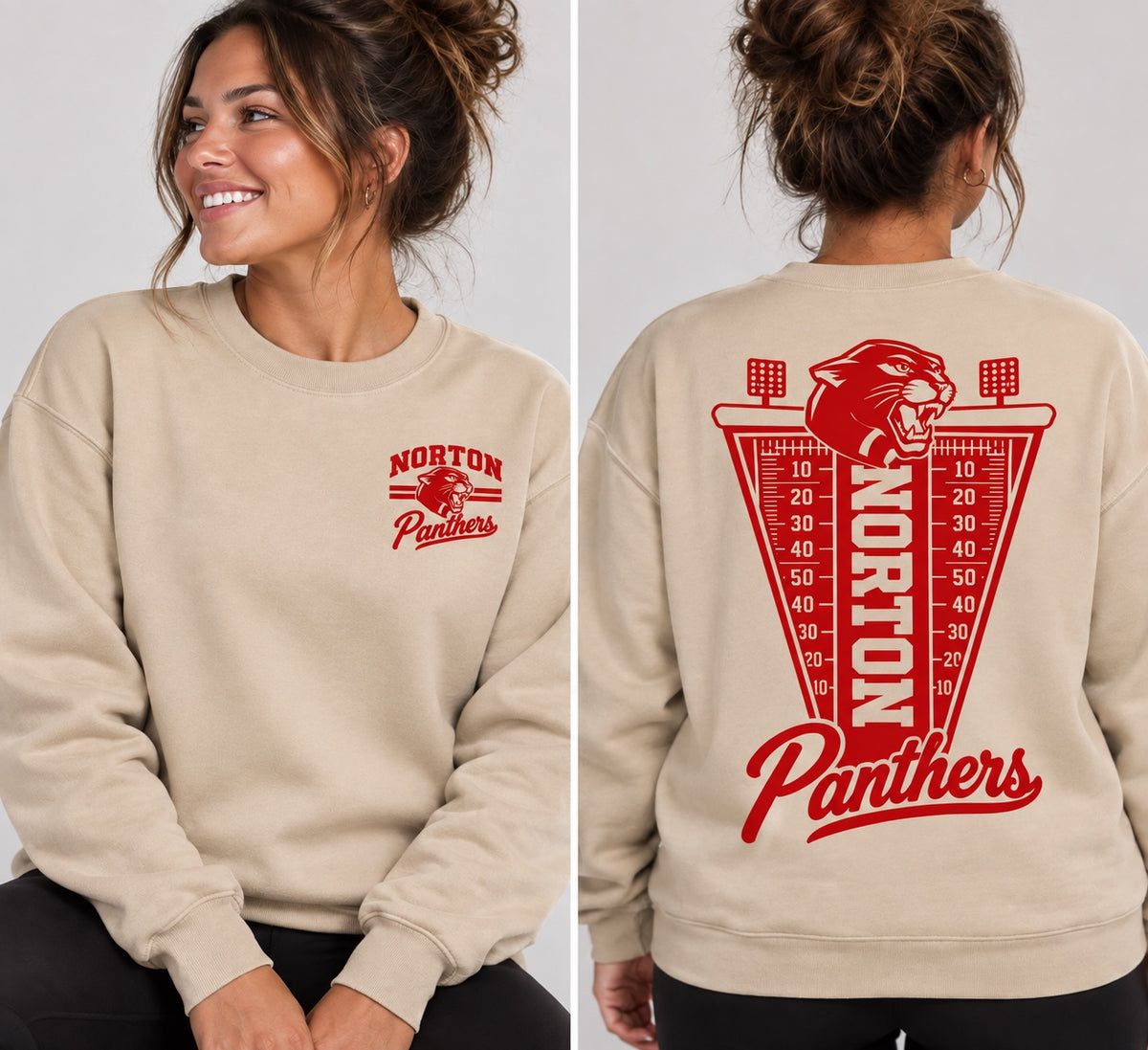 Norton Panthers Football Flag on a sand crewneck sweatshirt, front chest logo and full back design