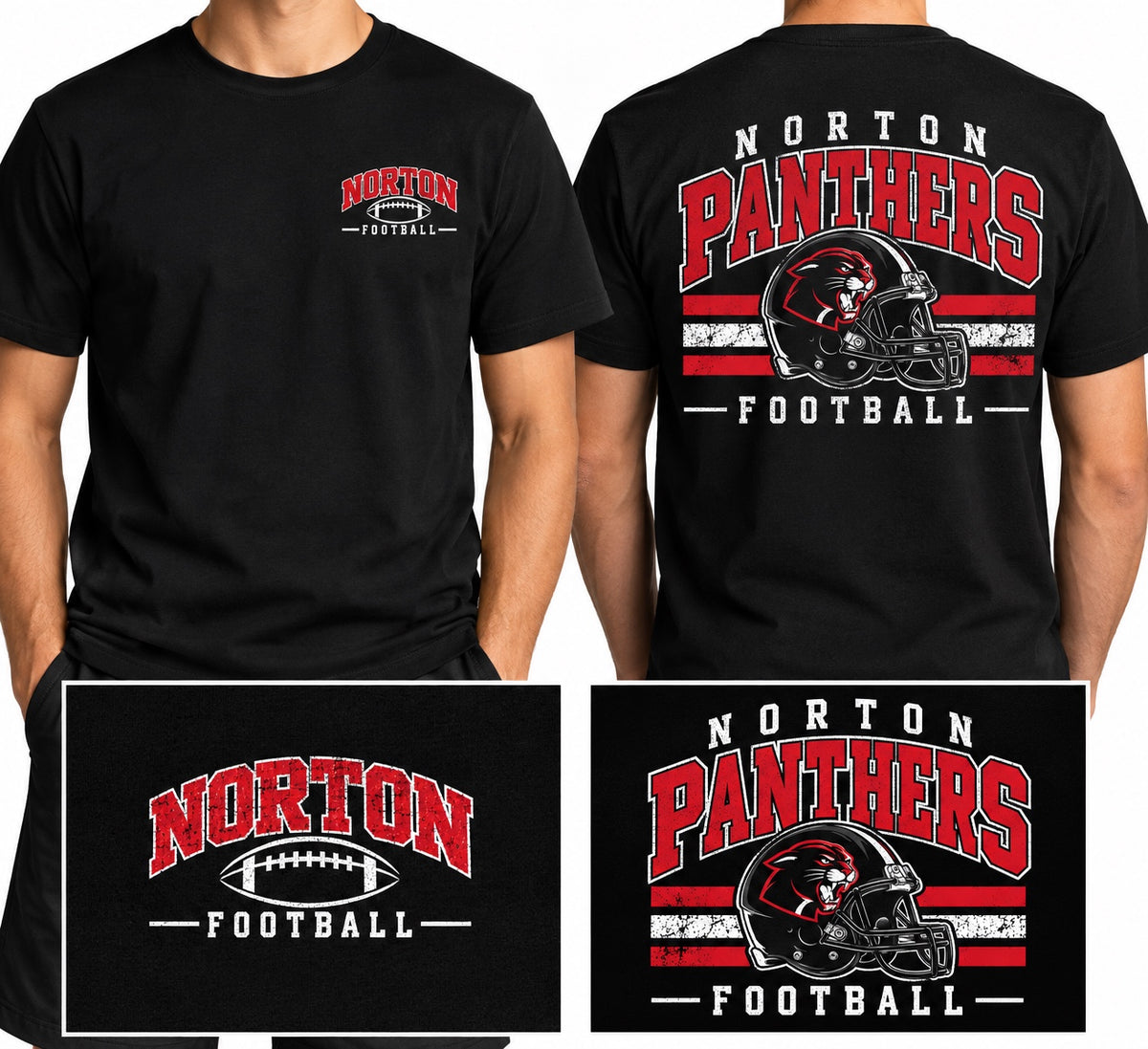Norton Panthers Football Helmet on a black T-shirt, front and back views with design close-ups