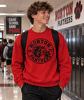 Norton Panthers Circle Logo in black on the front of a red crewneck sweatshirt