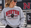 Norton Panthers Distressed Paw full-front design on a heather gray crewneck sweatshirt