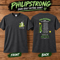 PhilipStrong 2026 Golf Outing fundraiser apparel front and back mockup with golf design, sponsors, and memorial tribute