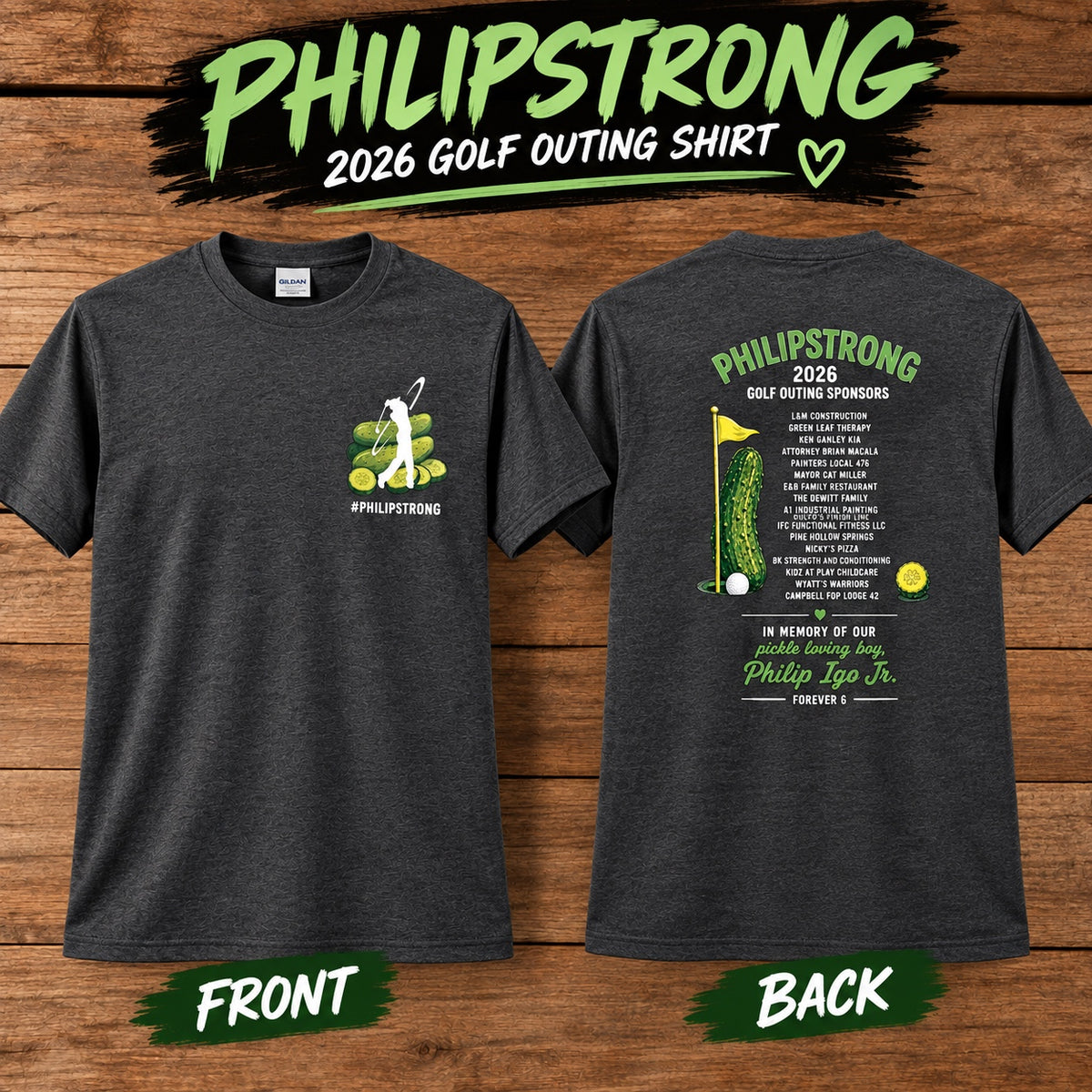 PhilipStrong 2026 Golf Outing fundraiser apparel front and back mockup with golf design, sponsors, and memorial tribute
