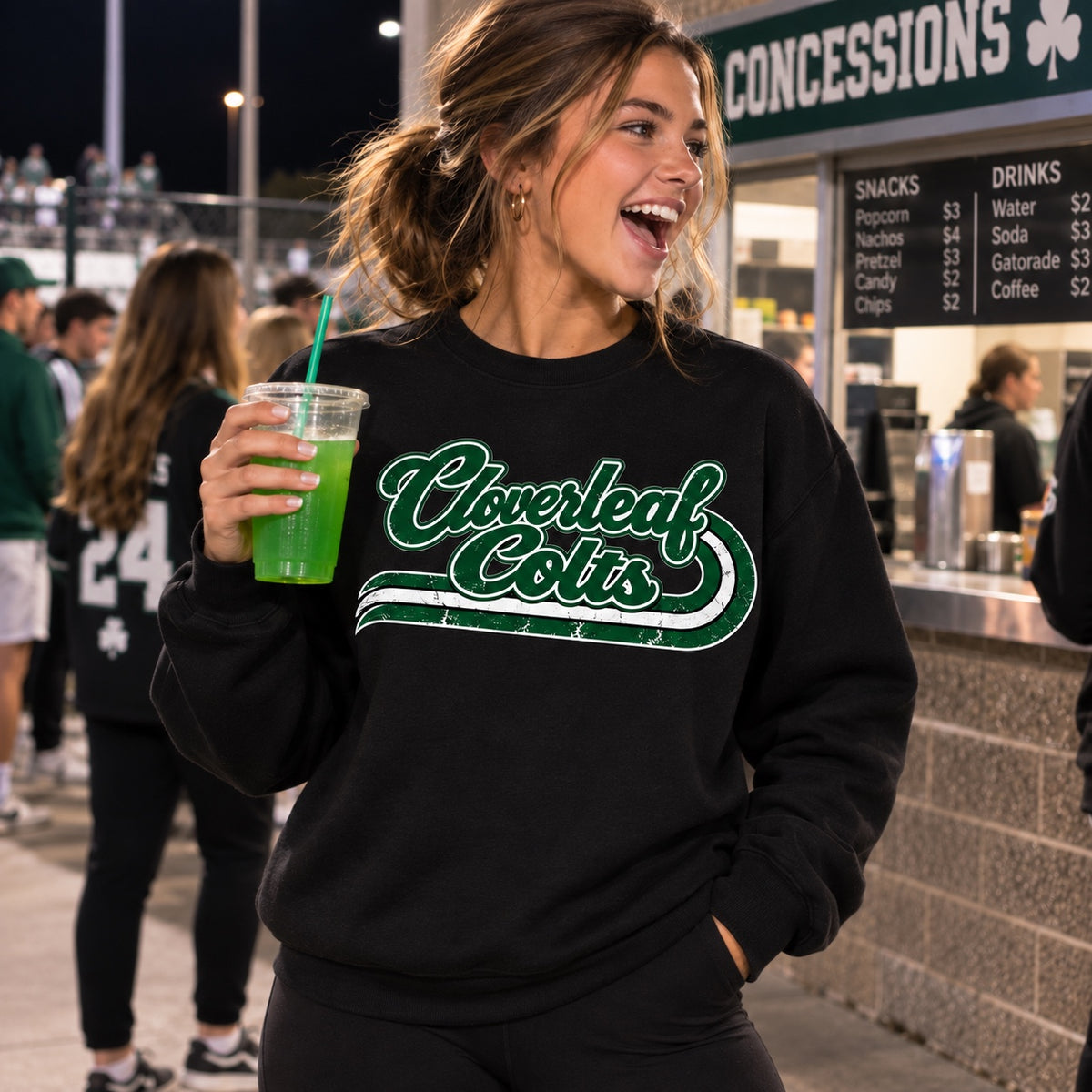 Cloverleaf Colts retro script on a black crewneck sweatshirt