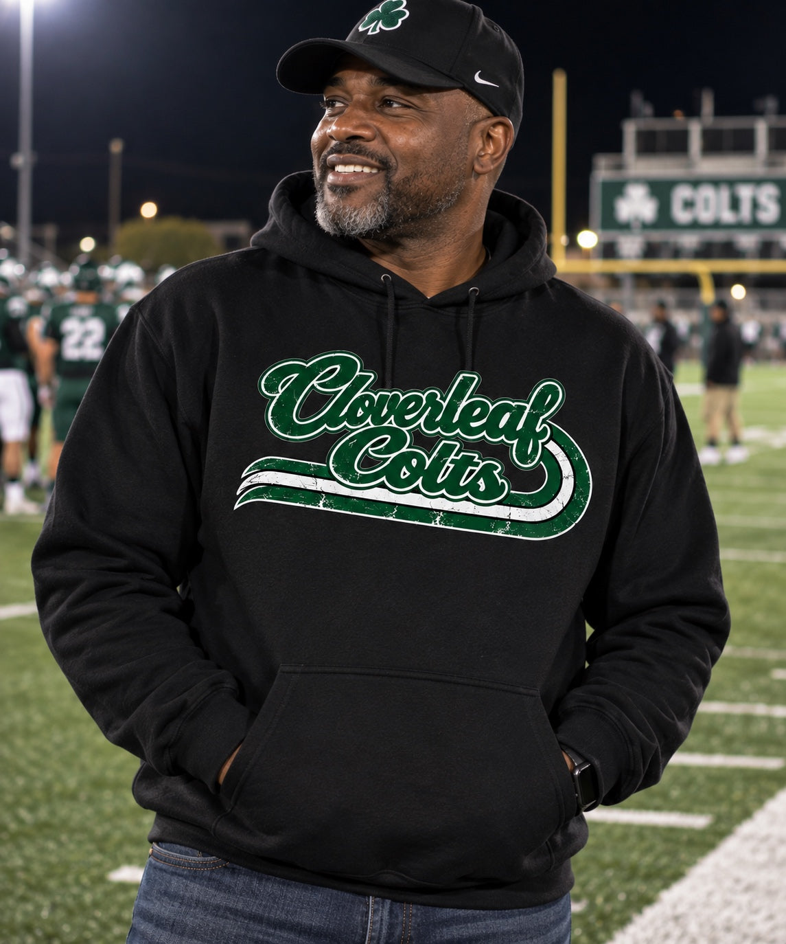 Cloverleaf Colts retro script on a black hoodie