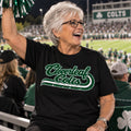 Cloverleaf Colts retro script on a black T-shirt
