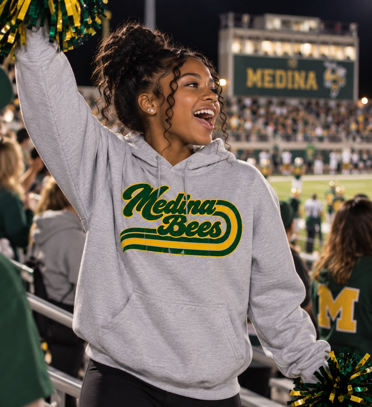 Medina Bees retro script on a heather gray hoodie