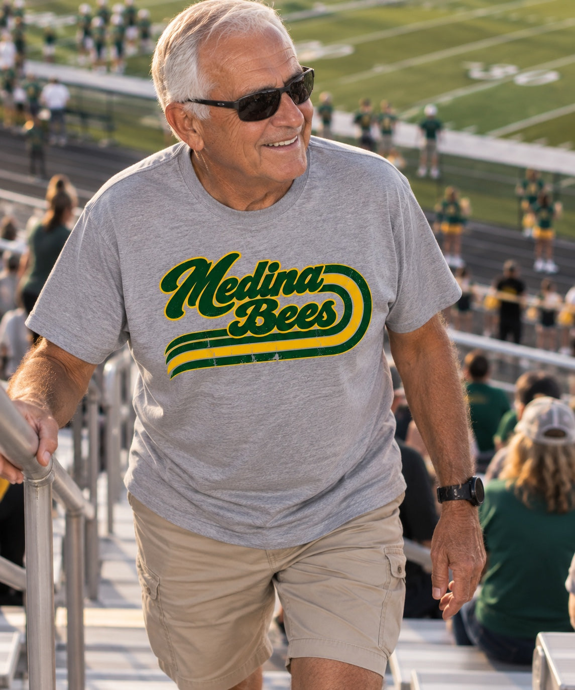 Medina Bees retro script on a heather gray T-shirt