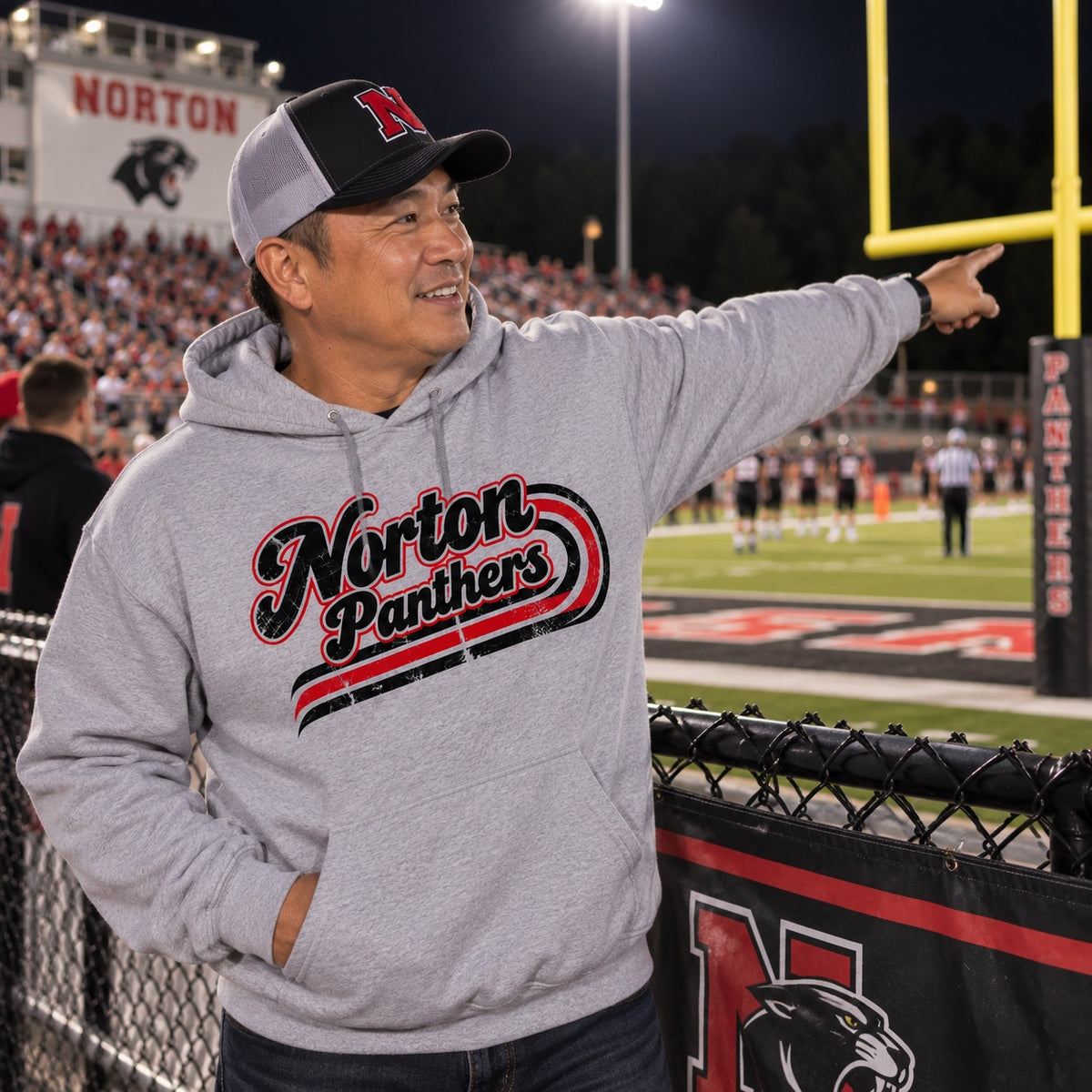 Norton Panthers retro script on a heather gray hoodie