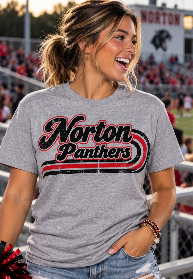 Norton Panthers retro script on a heather gray T-shirt